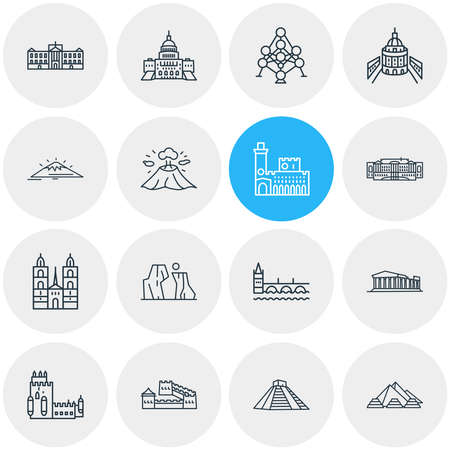Vector illustration of 16 world landmarks icons line style. Editable set of great wall of china, the grand canyon icon elements.のイラスト素材