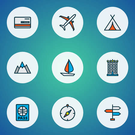 Exploration icons colored line set with mountains, tent, compass and other peak elements. Isolated illustration exploration icons.の写真素材
