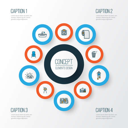 House icons colored line set with wood texture, bathtub, floor mirror and other stand vanity elements. Isolated illustration house icons.の写真素材