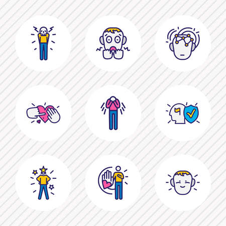 Vector illustration of 9 emoji icons colored line. Editable set of intelligence, tenderness, trust and other icon elements.のイラスト素材