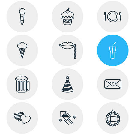 Vector illustration of 12 feast icons line style. Editable set of party hat, mail, dish and other icon elements.のイラスト素材