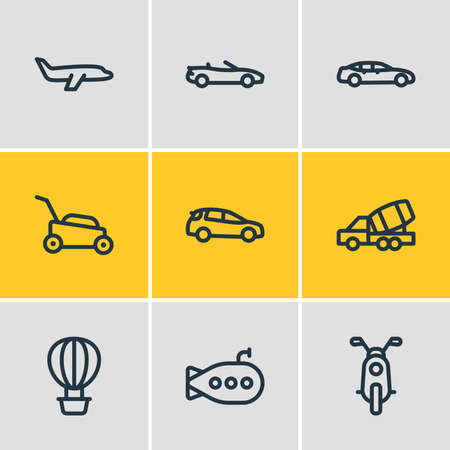 illustration of 9 vehicle icons line style. Editable set of plane, air balloon, construction car and other icon elements.の写真素材