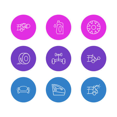 Vector illustration of 9 car icons line style. Editable set of car chassis, hubcap, door and other icon elements.のイラスト素材
