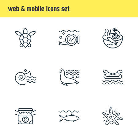 Vector illustration of 9 naval icons line style. Editable set of sea lion, canoe, sea turtle and other icon elements.のイラスト素材