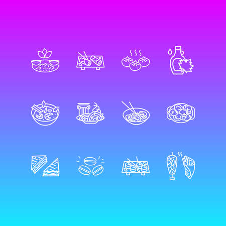 Vector illustration of 12 world cuisine icons line style. Editable set of vietnamese spring rolls, japanese sushi, italian pasta bolognese and other icon elements.のイラスト素材