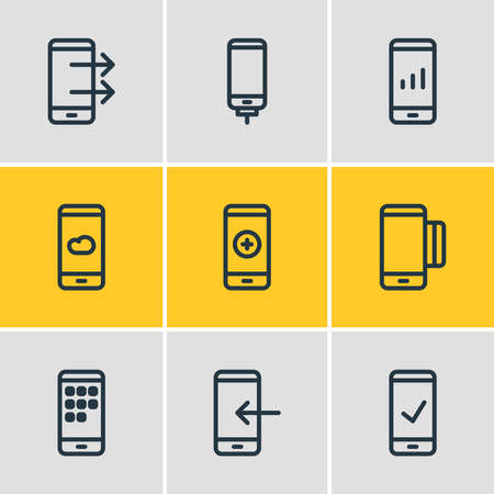 Vector illustration of 9 smartphone icons line style. Editable set of network, add, weather and other icon elements.のイラスト素材