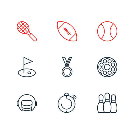 Vector illustration of 9 sport icons line style. Editable set of ball, pins, stopwatch and other icon elements.のイラスト素材