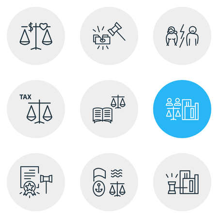 Vector illustration of 9 law icons line style. Editable set of tax law, law book, real estate law and other icon elements.のイラスト素材
