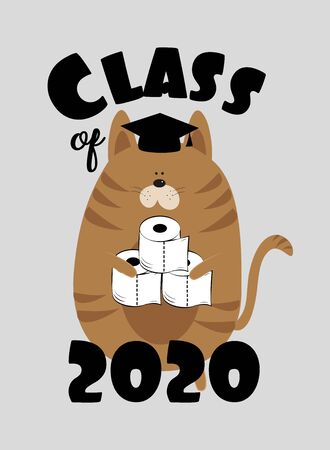 Class of 2020 - with cute cat in Graduation Cap, and toilet paper. Coronavirus-Graduation design, party, high school or college graduate, yearbook. Vector illustrationのイラスト素材