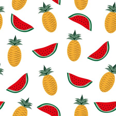 Tropical fruits, watermelon and pineapple seamless pattern on white background. Good for textile print, wall, and wrapping paper, summer gift design.のイラスト素材
