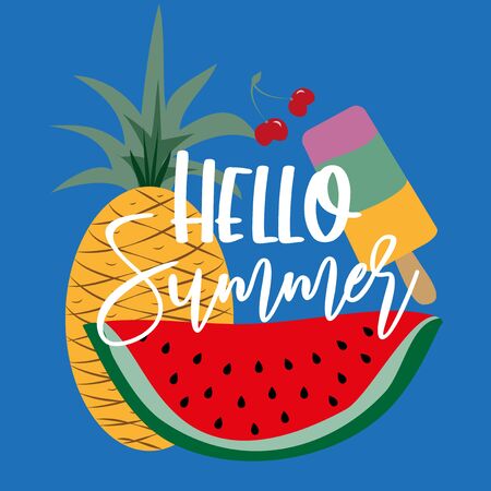 Hello summer calligraphy with hand drawn watermelon, and pineapple, ice cream, and cherry on blue background. Good for greeting card, poster, banner, textile pint and gift design.のイラスト素材