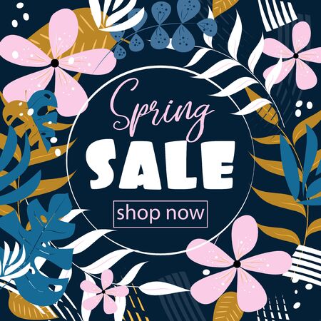 Spring Sale shop now -exotic floral web banner, ad, flyer, discount promotion.のイラスト素材