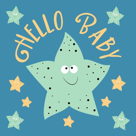 Hello Baby text with cute starfish illustration. Good for baby room decoration, greeting card, poster, and gift design.のイラスト素材