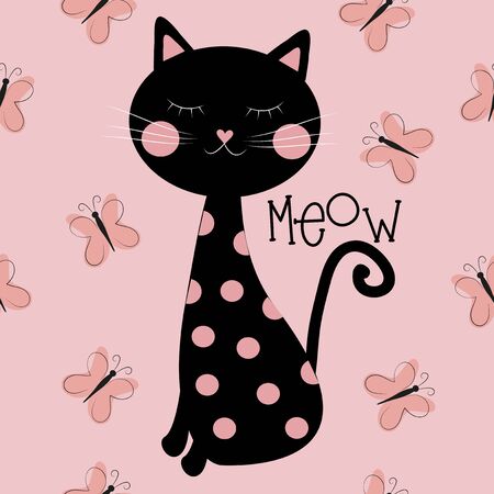 Meow text with cute cat, on butterflies background. Good for Baby room decor, nursery prints, wall art, and poster, baby sower card.のイラスト素材