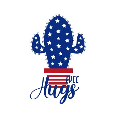 Free hugs - saying with cactus american flag colors. Happy Independence Day, lettering design illustration. Good for advertising, poster, announcement, invitation, party, T shirt print, poster, bannerのイラスト素材