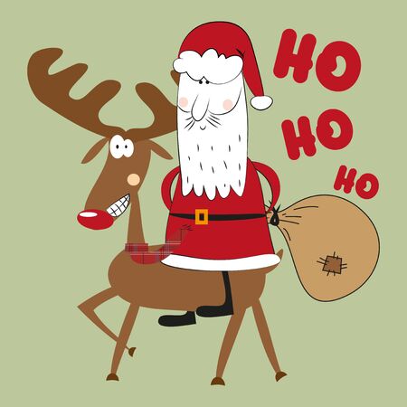 Ho ho ho - funny christmas text, with reindeer and Santa Claus on green background. Good for greeting card and t-shirt print, banner, flyer, poster design, mug, or sticker.のイラスト素材