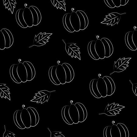 Pumpkins and leaves hand drawn seamless pattern, on black background. Good for cover, wallpaper, decoration, wrapping paper.のイラスト素材