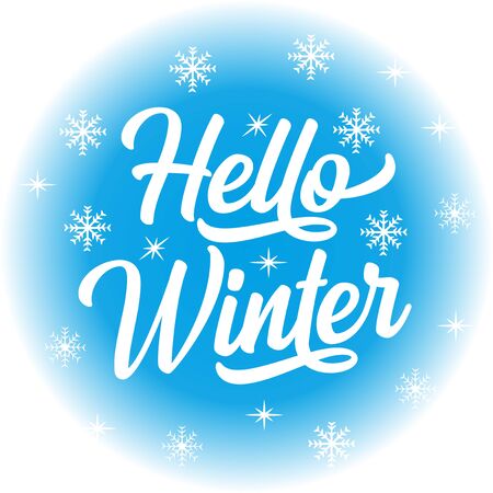 Hello Winter and Christmas greeting card template with text on snowfall patterned lightblue background. For t-shirt, pster, banner, souvenir, and card.のイラスト素材