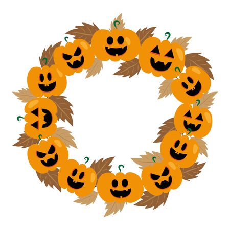 Pumpkin wreath with autumn leaves, on white background good for print, template posters, flyers, t-shirts, cards, invitations, stickers, banners.のイラスト素材