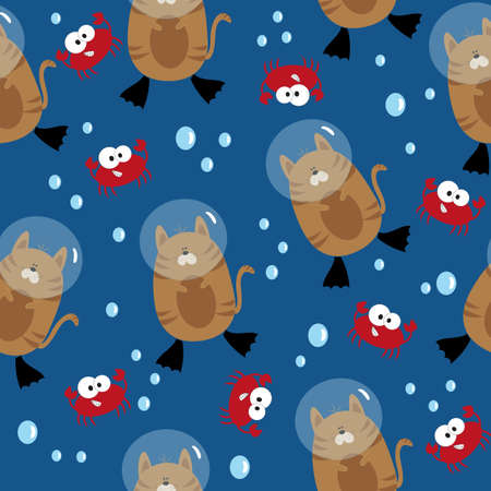 Funny Summer seamless pattern, with diver cat and crab on blue backgound. Good for fabric print, wallpaper, wrapping paper, design.のイラスト素材