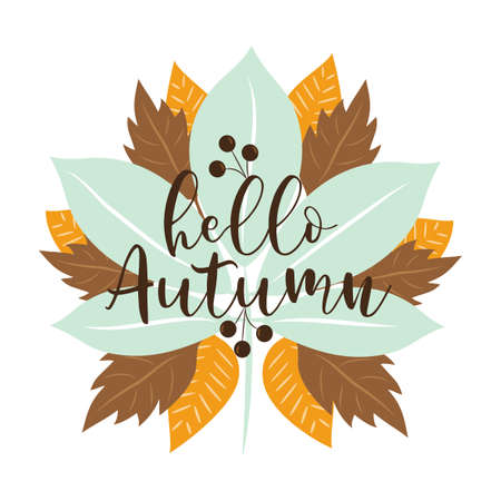 Hello Autumn text, with colorful leaves set, on white backgrond. Good for poster, banner, greeting card, template, design.のイラスト素材