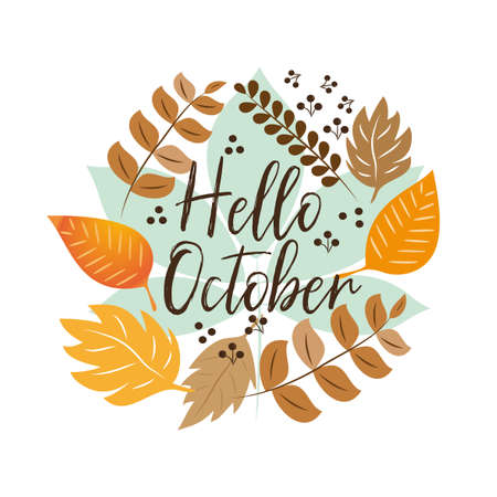 Hello October autumn text, hand drawn, different colored autumn leaves wreath, on white backgrond. Vector illustration as poster, postcard, greeting card, label.のイラスト素材