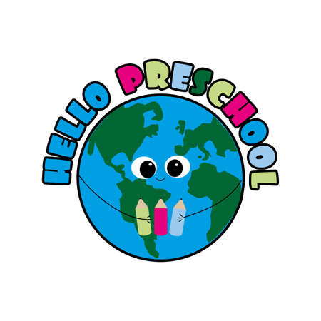 Hello Preschool - First day of School greeting text with smiley Earth Planet. Good for T shirt print, Childhood, poster, greeting card, label, banner, cover design.のイラスト素材