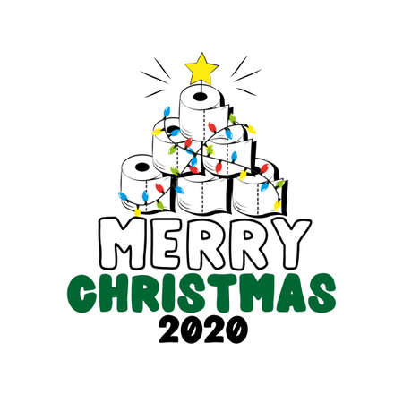 Merry Christmas 2020 - Toilet paper Christmas tree. Funny greeting card for Christmas in covid-19 pandemic self isolated period.のイラスト素材