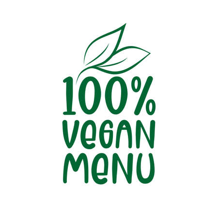 100% Vegan Menu -green leaf label for premium quality, locally grown, healthy food natural products, farm fresh sticker. Vector menu organic label, food product packaging bio emblem.のイラスト素材