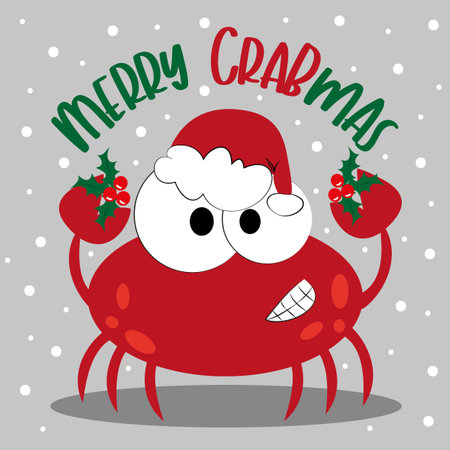 Merry Crabmas - funny greeting for Christmas with cute crab in Santa's hat. Good for T shirt print, greeting card, poster, label and gifts design.のイラスト素材