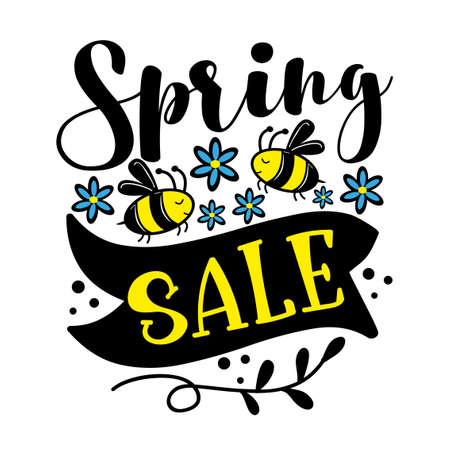 Spring Sale - bee and daisy flowers. Vector illustration template, banners, flyers, invitation, posters, brochure, voucher discount.のイラスト素材