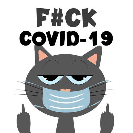 Funny text with a cool cat in a protective face mask.  - funny Home Quarantine illustration. Vector.のイラスト素材
