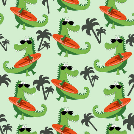 Hand drawing cute crocodile with surboard seamless pattern. Vector illustration design for fashion fabrics, textile graphics, prints.のイラスト素材