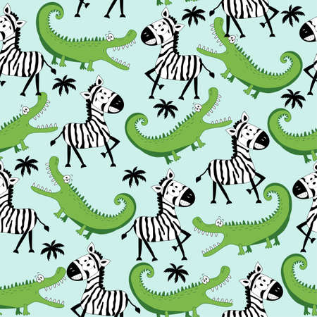 Savannah seamless pattern- funny zebra and crocodile hand drawn vector illustartion. Good for...