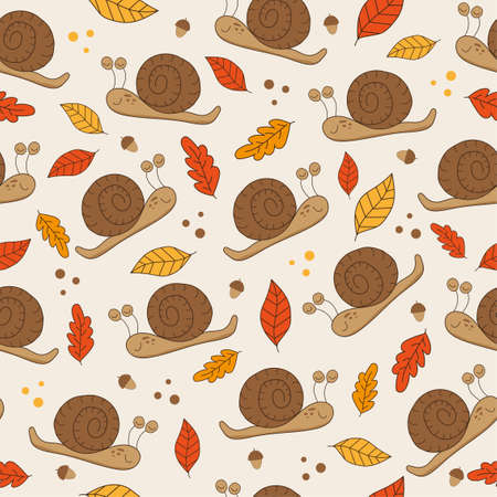 Autumnal seamless pattern with snail, acorn and Autumn leaves. Good for textile print, wallpaper, wrapping paper, backgound, cover, and other gifts design.のイラスト素材