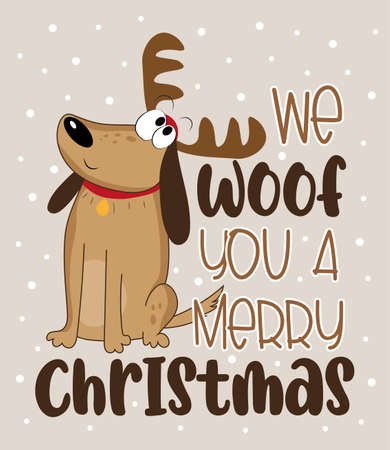 We Woof You A Merry Christmas -funny greeting for Christmas with a cute dog in deer antler, and snowflakes.のイラスト素材