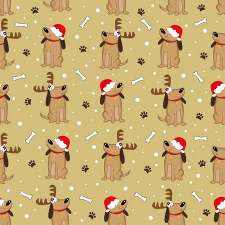 Cute dogs in antler and Santa hat, with bone and paw prints. Good for textile print, wrapping paper, cover, and backround for Christmas.のイラスト素材
