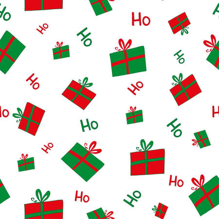 Ho Ho Ho text and gift box seamless pattern for Christmas. Good for wrapping paper, textile print,...