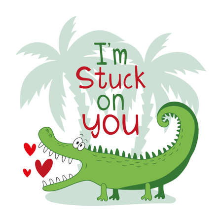 I'm stuck on you - funny alligator with hearts in island. Good for T shirt print, poster, card, and other giffts design for Valentine's day.のイラスト素材