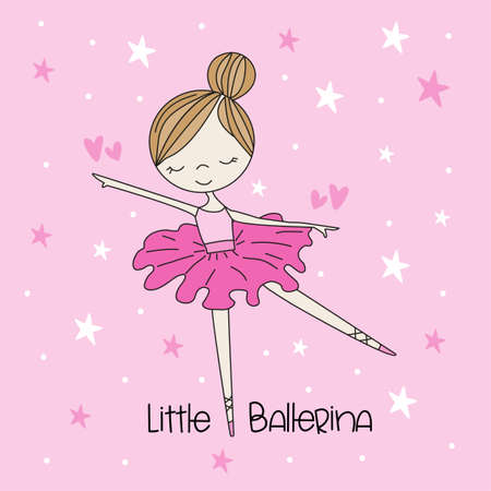 Little Ballerina - hand drawn ballerina girl vector graphic. Isolated on pink backgound. Good for T shirt print, room decor, poster, card, label and other decoration.のイラスト素材