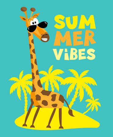 Summer Vibes - funny giraffe on island. Good for baby clothes, poster, card, label, and other gift design.のイラスト素材