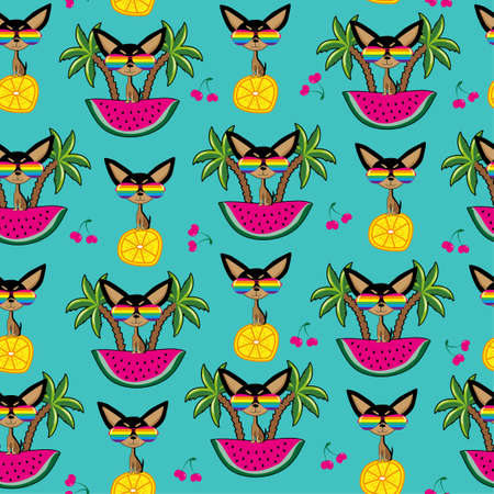Tropical seamless pattern, with funny cartoon chihuahua dog and watermelon, lemon slice, cherry and...