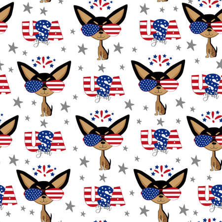 Seamless pattern for US holidays. Cute dog in sunglasses. Good for textile print, poster, card, cover, wrapping and wallpaper.のイラスト素材