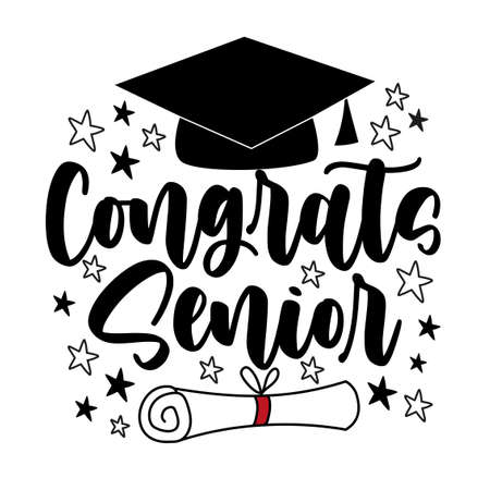 Congrats Senior - typography with graduate cap and certificate or diploma.Hand drawn vector design.のイラスト素材