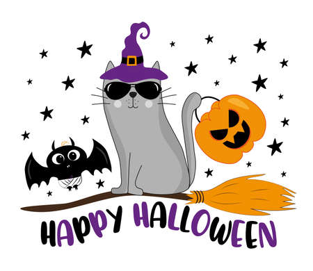 Happy Halloween - funny cat in witch hat, on broom. Cute baby bat, and pumpkin. Good for greeting card, T shirt print, poster, banner, and other decoration.のイラスト素材