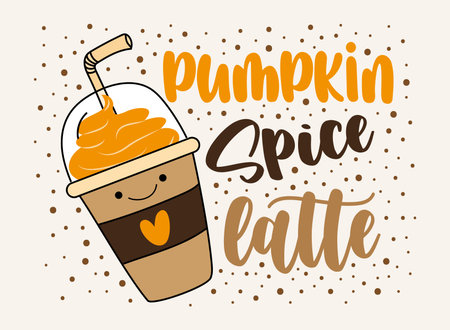 Pumpkin spice latte - cute take away coffee cup with straw. Good for greeting cards, posters, labels, banners, and other decorations.のイラスト素材