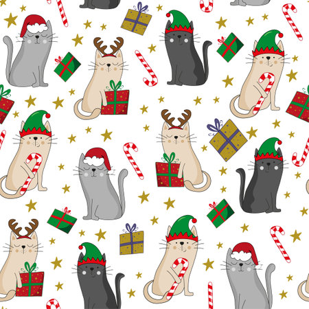 Funny cats in Santa hat, elf hat reindeer antler seamless pattern. Candy cane, and christmas presents. Good for textile print, wrapping, cover, and other decoration.のイラスト素材