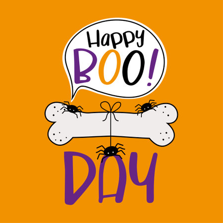 Happy birthday! - funny greeting with dog bone, little spiders and speech bubble, isolated on orange color background.のイラスト素材