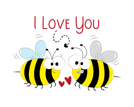 I love you - cute bees, with hearts. Valentine's Day decoration. Good for greeting card, T shirt print, poster, label, cover, mug and other gifts design.のイラスト素材