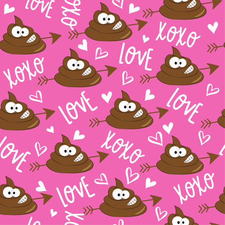 Seamless pattern for Valentine's day - cute heart and poo drawn, on pink background. Good for wrapping paper, textile print, T shirt, mug, and other gift design.のイラスト素材